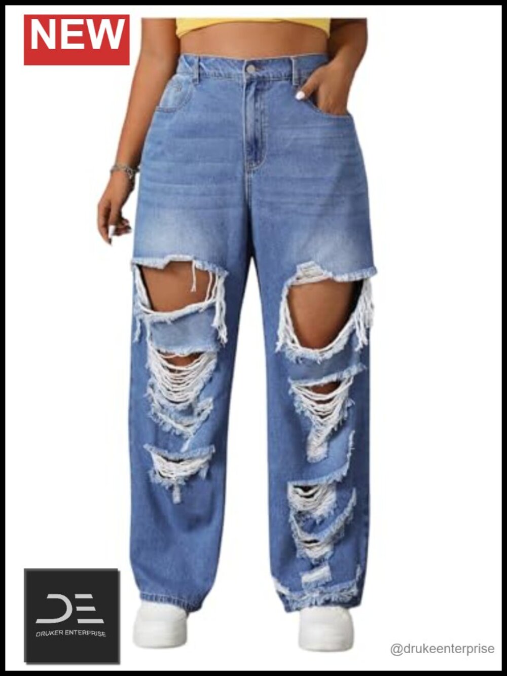 Women's Plus Size High Waist Straight Leg Distressed Jeans Loose Denim Pants